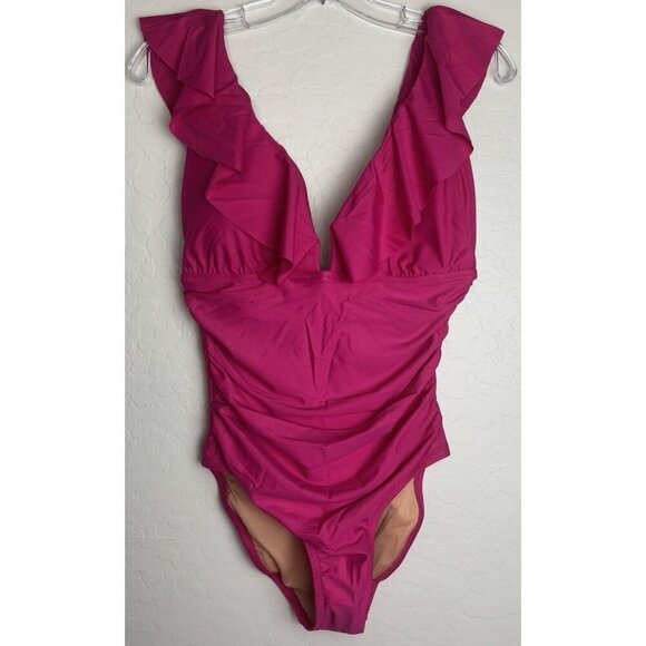 NEW J. Crew Ruched Deep V Plunge Ruffle One Piece Swimsuit Sz 22 Pink 1459 - Picture 1 of 6